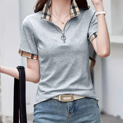 Polo casual da donna con zip e motivo a quadri – Maglia da tempo libero alla moda con collo con cerniera