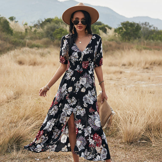 Karen – Florales Sommerstrandkleid mit V-Ausschnitt und elastischem Bund