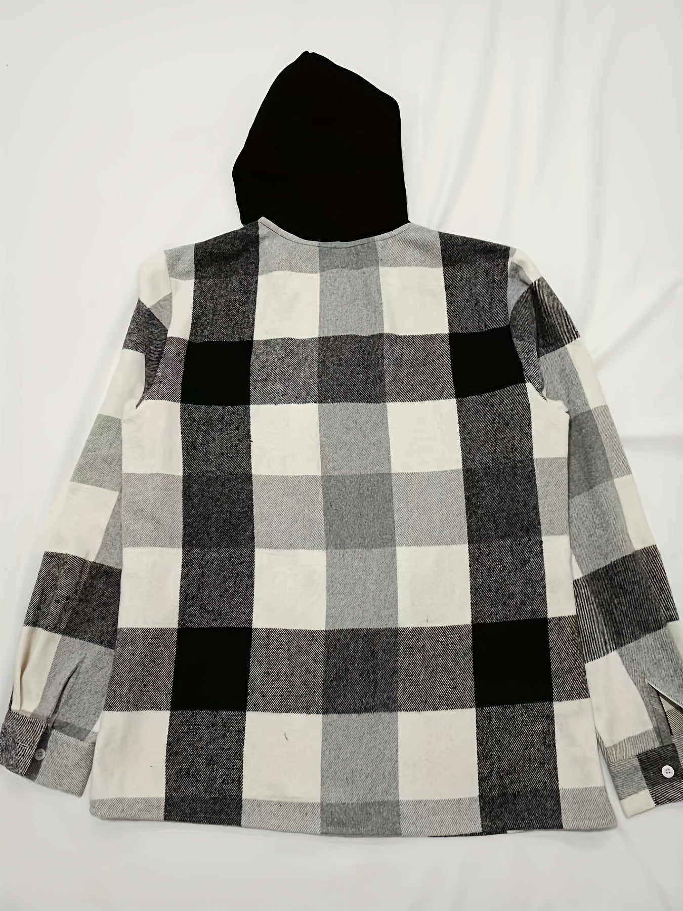 Camicia-giacca da uomo con cappuccio a quadri, nera e bianca, oversize