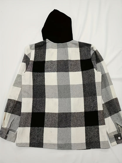 Camicia-giacca da uomo con cappuccio a quadri, nera e bianca, oversize