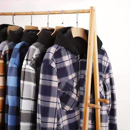 Giacca-camicia da uomo a quadri con cappuccio, imbottita e calda