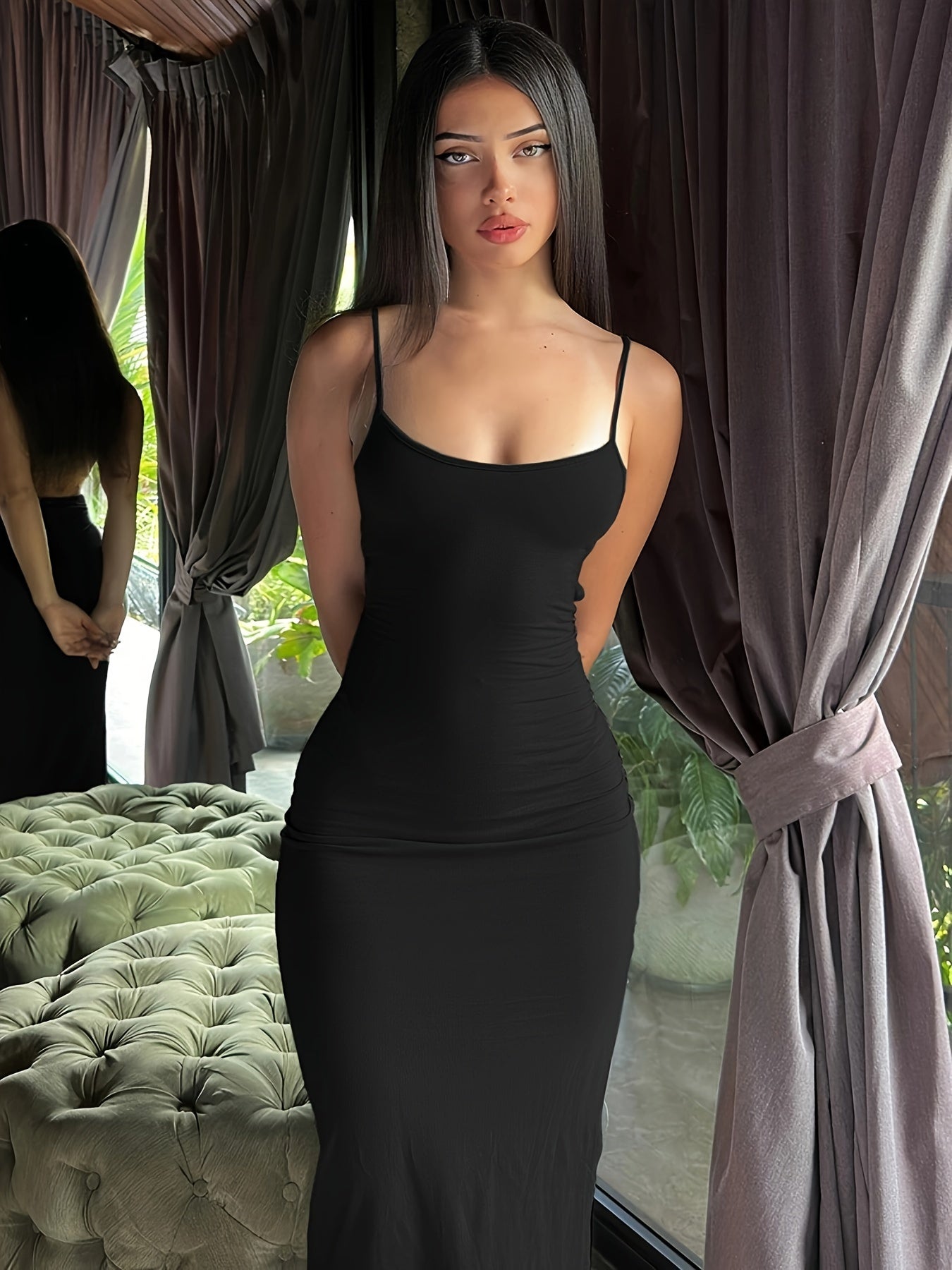 Dame Maxikjole Bodycon Elegant – Figurformet aftenkjole med spaghetti-stropper og moderne snit, ideel til fester og fester