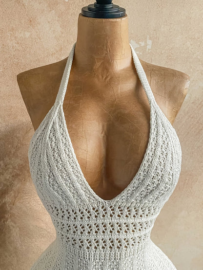 Mono de playa de crochet para mujer con escote en V y cuello halter – Jumpsuit bohemio de verano para vacaciones y playa