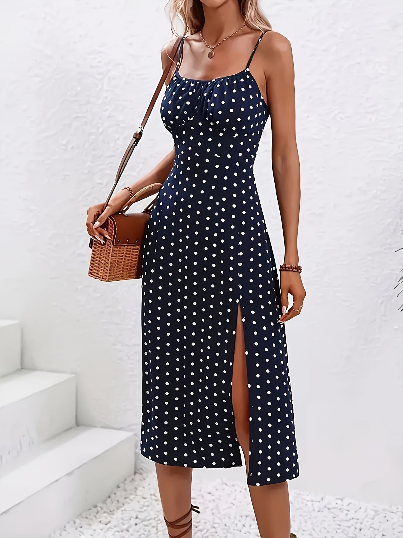 Abito estivo elegante da donna a pois con spacco e spalline sottili – Perfetto per il tempo libero e le vacanze