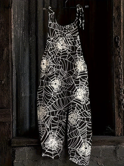 Damen Jumpsuit Spinnennetz-Muster Schwarz Trägerhose