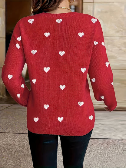 Damen Strickpullover mit Herzmuster Rundhals Langarm