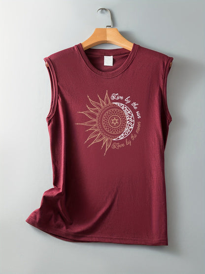 Dames tanktop met mandala zon- en maanprint – boho zomer vrijetijdsshirt