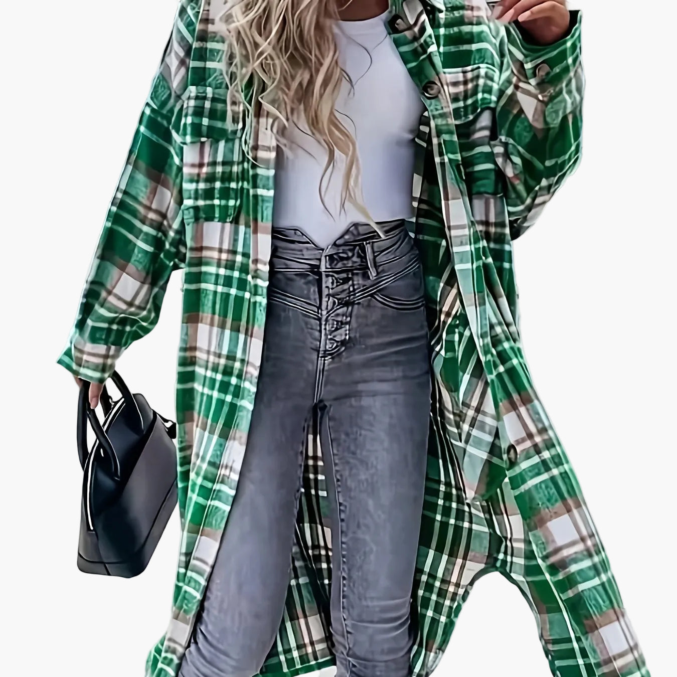 Camicia overshirt lunga da donna a quadri in stile casual per primavera e autunno