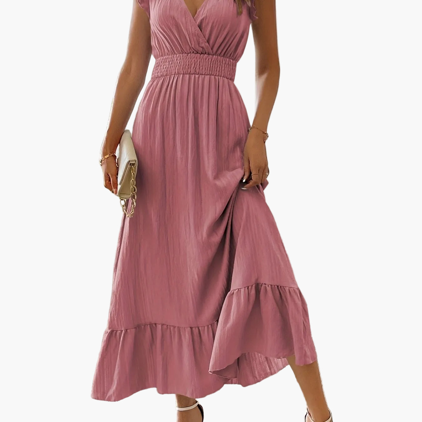 Robe longue élégante pour femme avec manches à volants et détail à la taille – Parfaite pour l'été et les vacances