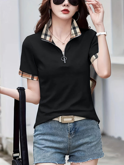 Polo casual da donna con zip e motivo a quadri – Maglia da tempo libero alla moda con collo con cerniera