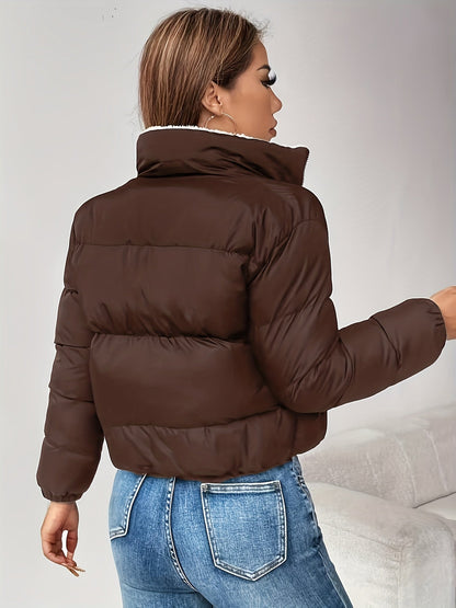 Chaqueta acolchada corta de mujer con forro de borreguito negra