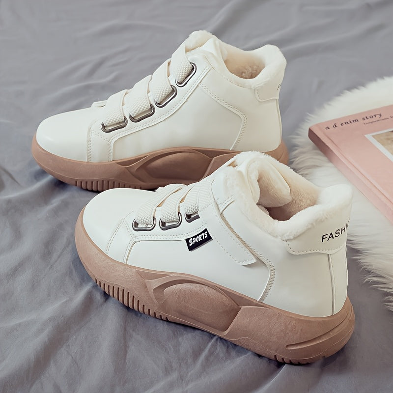 Dames wintersneakers, enkelhoog, warm gevoerd, plateauzool, klittenbandsluiting, zwart, wit, beige