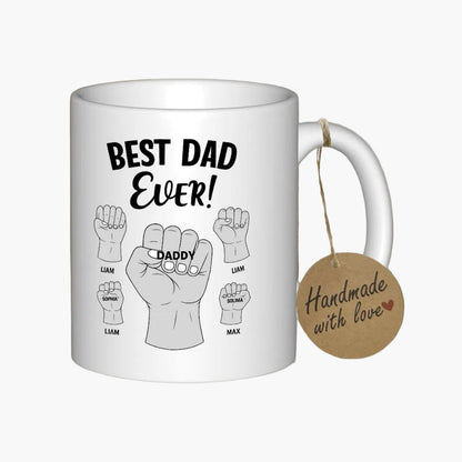 Tasse personnalisée pour hommes – Design Poings Best Dad Ever avec noms des enfants – Cadeau pour pères, fête des pères, anniversaire
