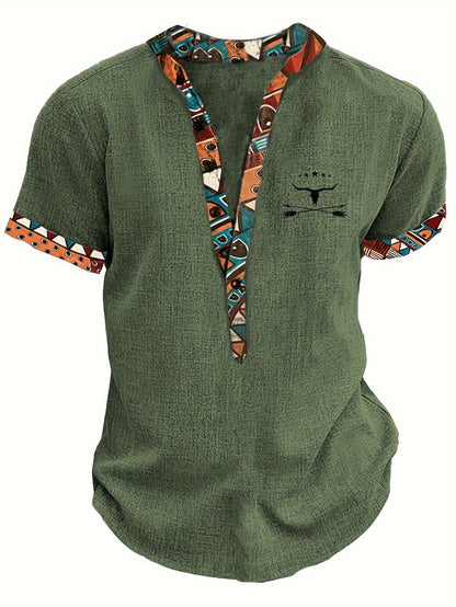 Chemise décontractée homme à manches courtes style ethnique avec motif tribal et col en V