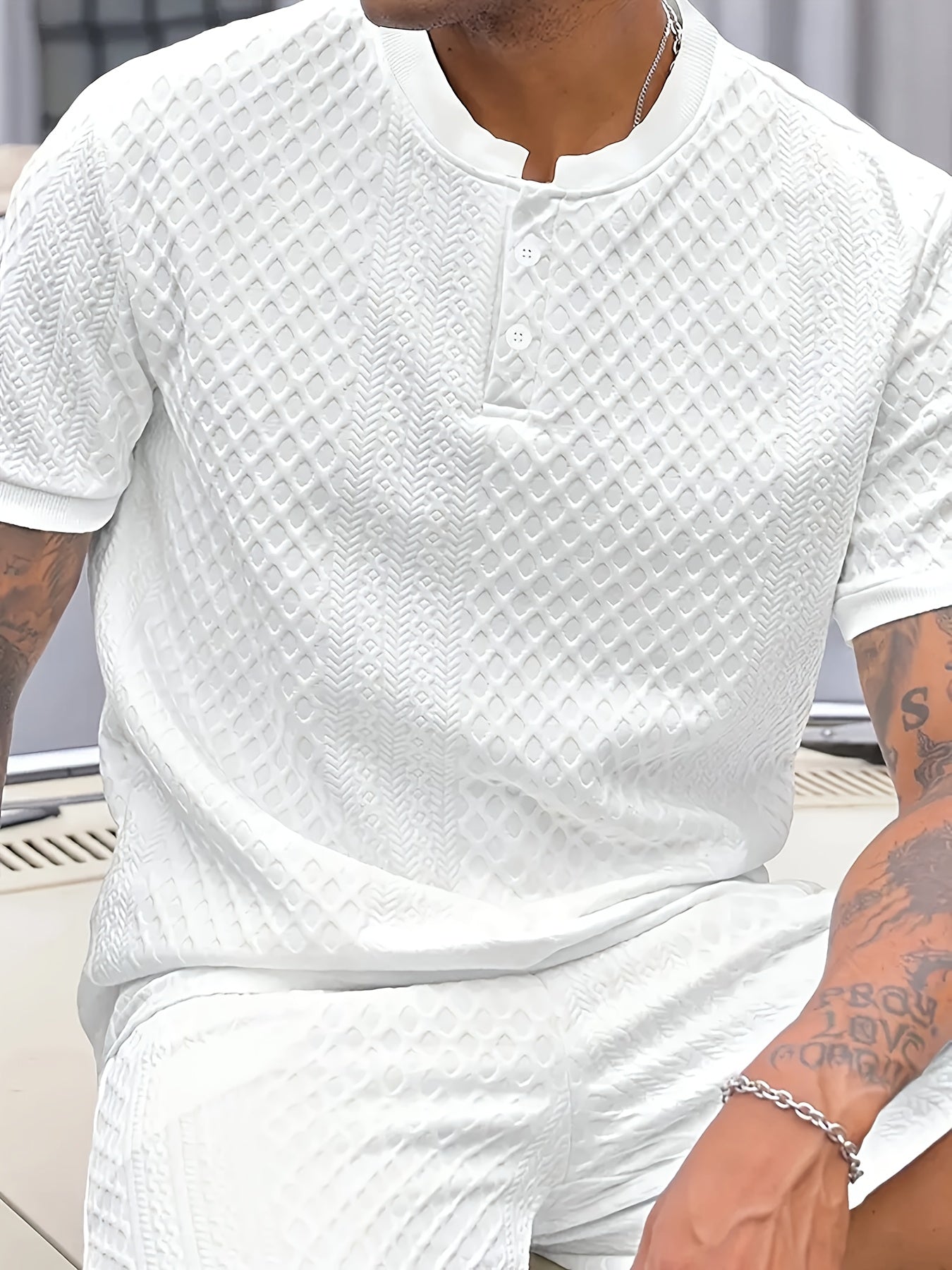 Herren Sommer Set mit Strukturmuster – Freizeit Kurzarm Shirt und Shorts für Alltag und Urlaub