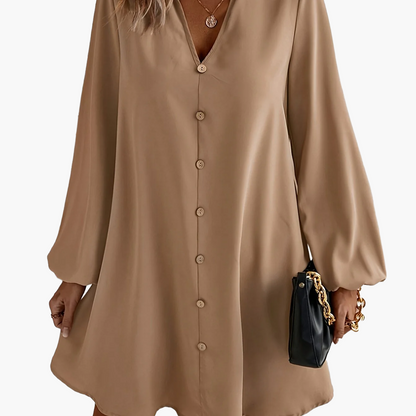 Damen Elegantes Freizeitkleid mit Knopfleiste und V-Ausschnitt – Lockerer Schnitt für Alltag und Büro