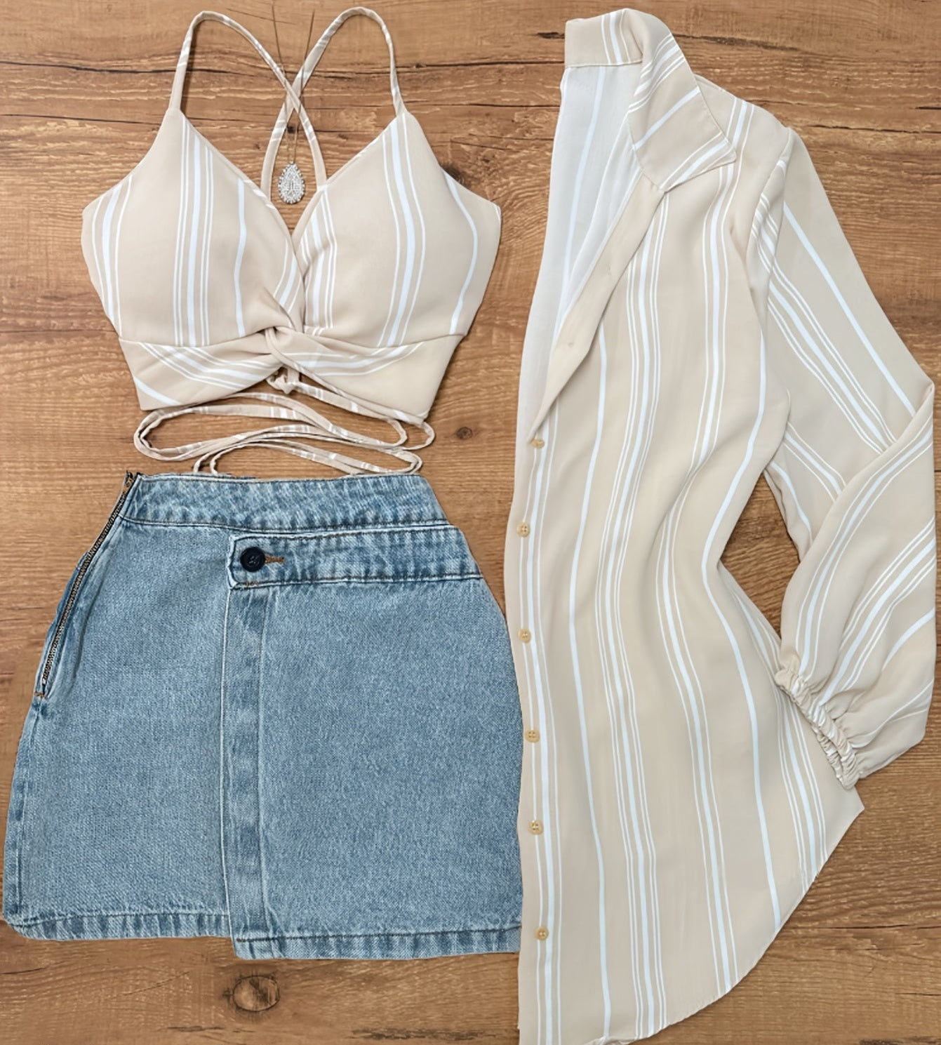 Completo donna due pezzi – Top corto a righe alla moda e gonna di jeans per estate e tempo libero