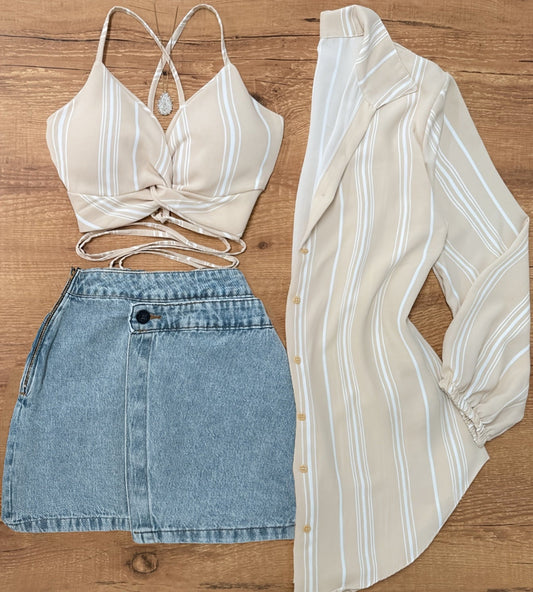 Dame To-delt Sæt – Moderigtigt Stribet Crop-Top og Jeansnederdel til Sommer og Fritid