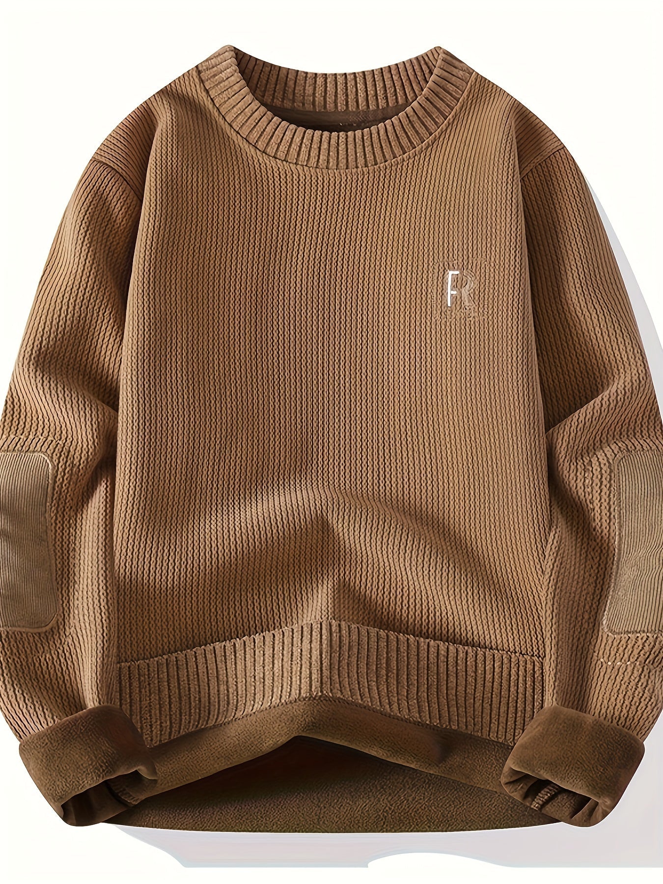 Suéter unisex de cuello redondo con textura acanalada y parches en los codos