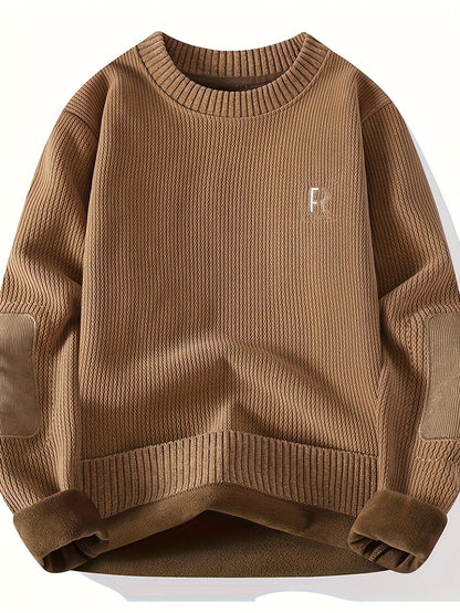 Suéter unisex de cuello redondo con textura acanalada y parches en los codos