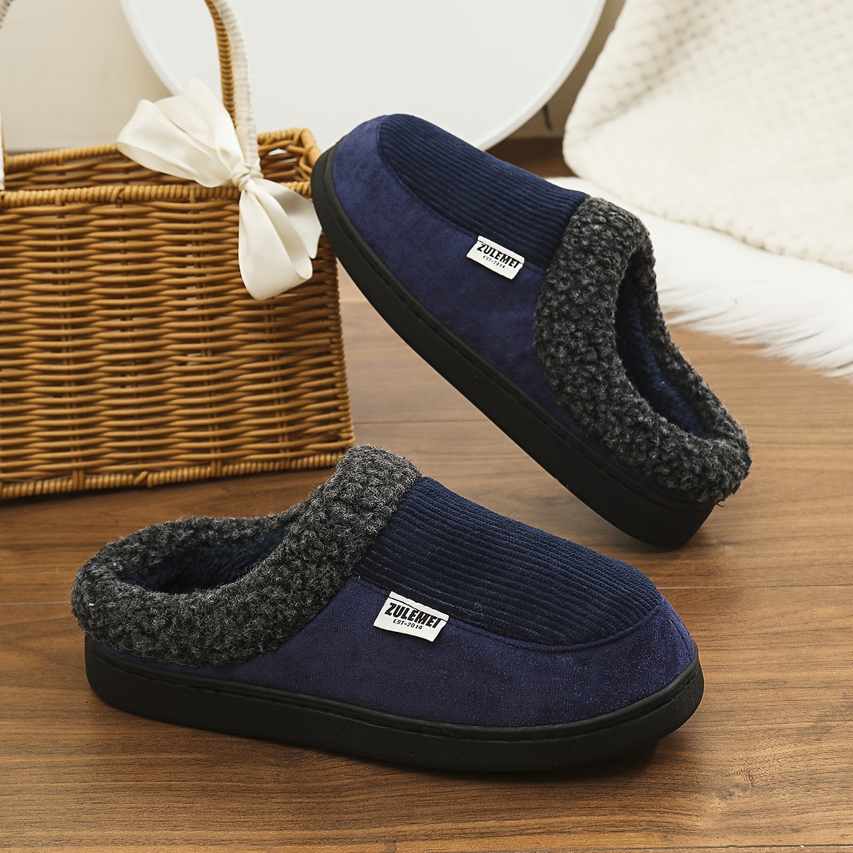 Unisex winterslippers grijs, geribbeld, met pluche voering en stevige zool