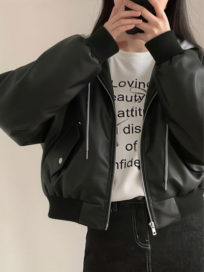 Unisex Bomberjacke Schwarz mit Kapuze Weitem Schnitt