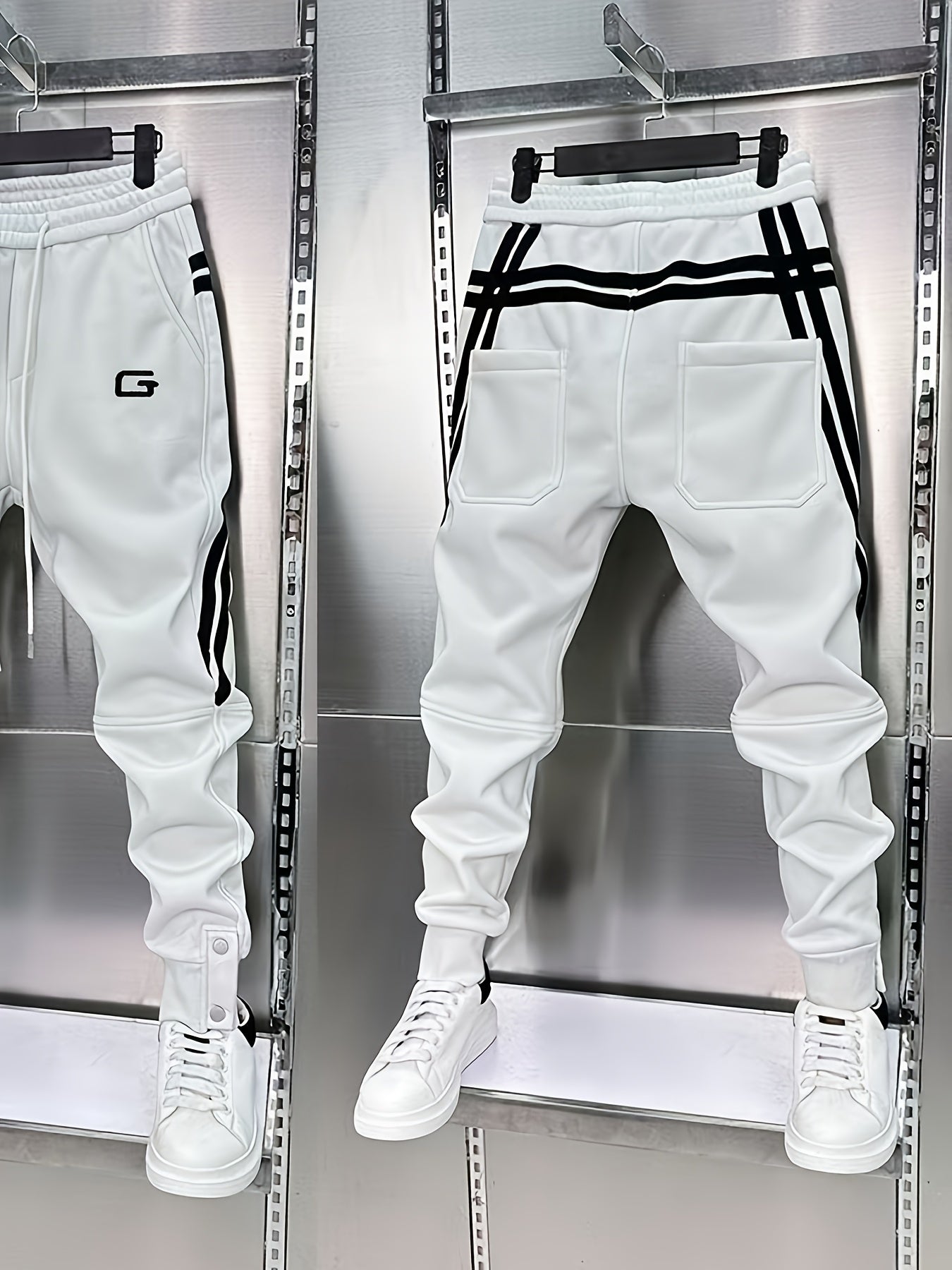 Pantaloni da jogging da uomo sportivi con bande laterali, coulisse e bottoni in vita