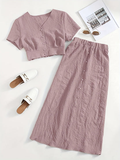 Dame To-delt Sæt – Elegant Fritidsoutfit med Croptop og Midi Nederdel, Moderne & Alsidigt