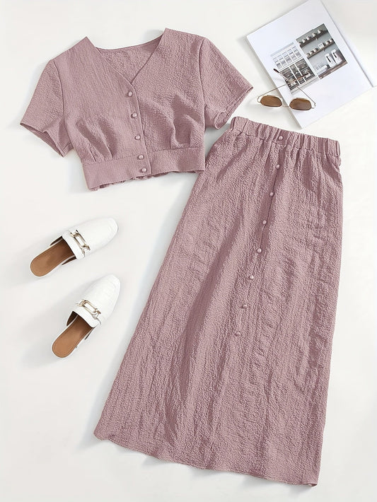 Dame To-delt Sæt – Elegant Fritidsoutfit med Croptop og Midi Nederdel, Moderne & Alsidigt