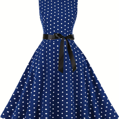 Damen Vintage Polka Dot Fit & Flare Partykleid mit Gürtel, ärmellos, Retro Sommerkleid