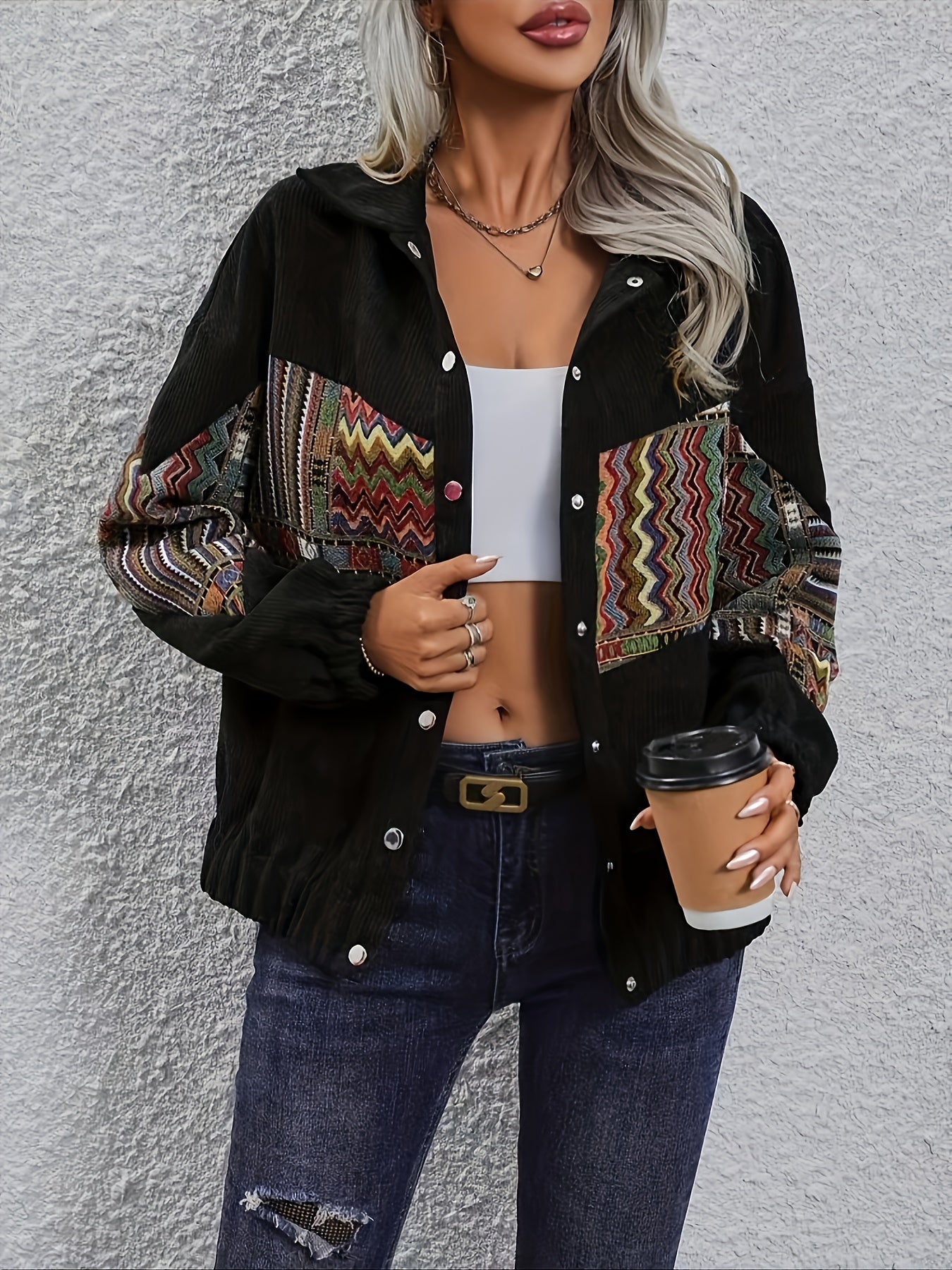 Damen Cordjacke mit ethnischem Patchwork-Muster Schwarz