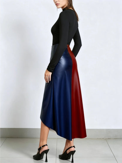 Gonna da donna color block con orlo asimmetrico in materiale similpelle