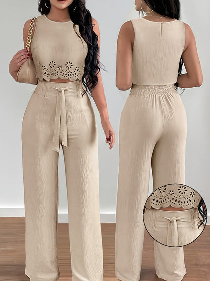 Damski elegancki zestaw dwuczęściowy z crop topem i szerokimi spodniami na wiosnę i lato