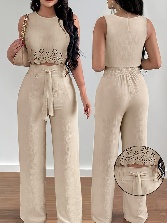 Dames elegant tweedelig set met croptop en wijde broek voor lente en zomer