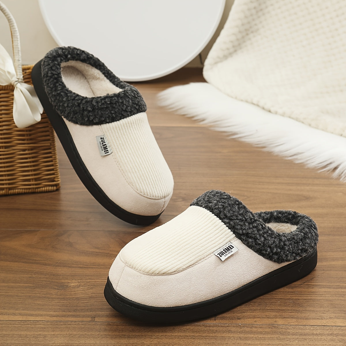 Unisex winterslippers grijs, geribbeld, met pluche voering en stevige zool