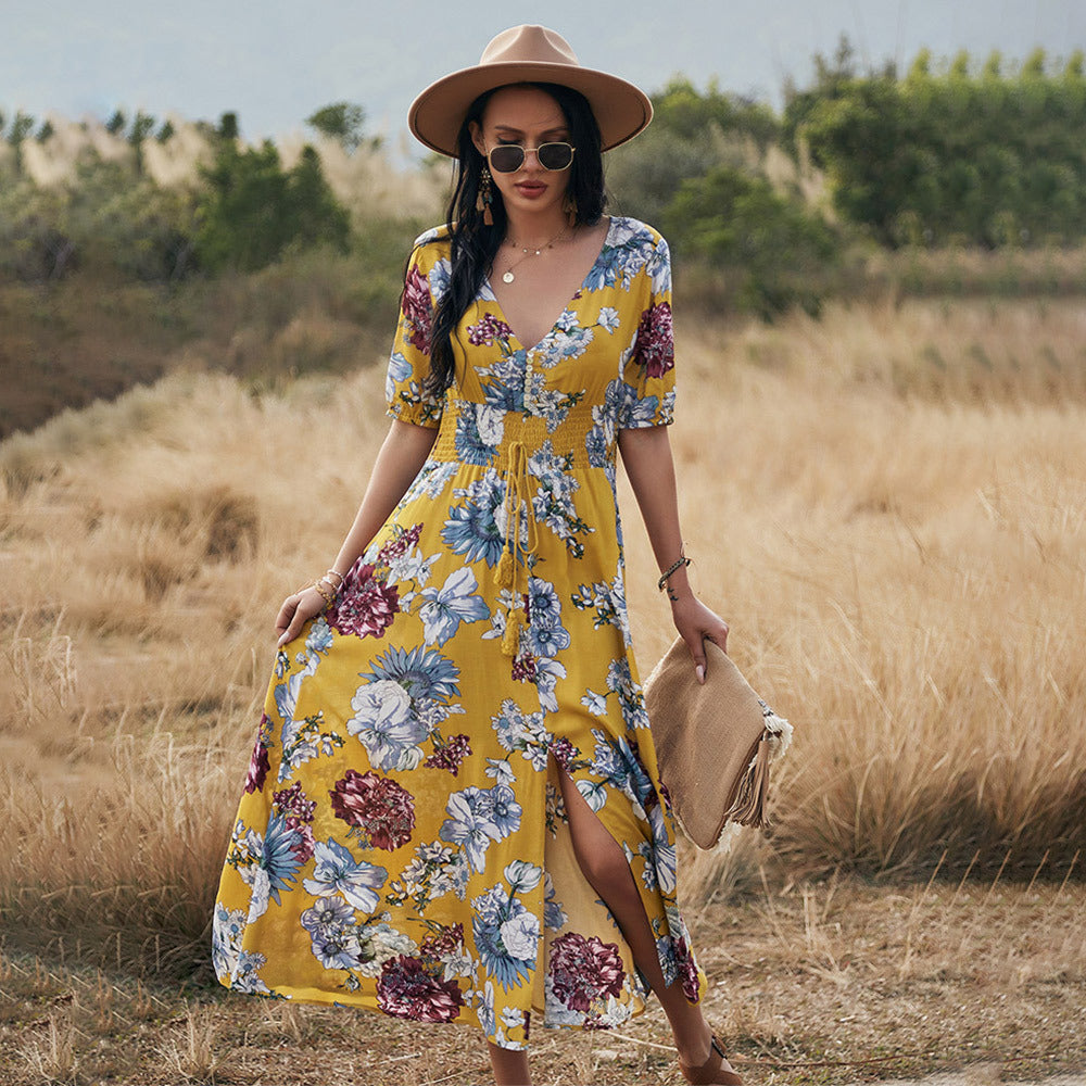 Karen – Robe d'été florale à encolure en V et taille élastique