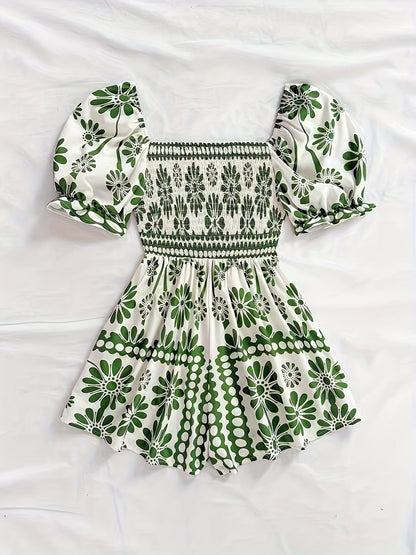 Dame vintage-jumpsuit med pufærmer og blomsterprint – Elegant heldragt til sommer og fritid