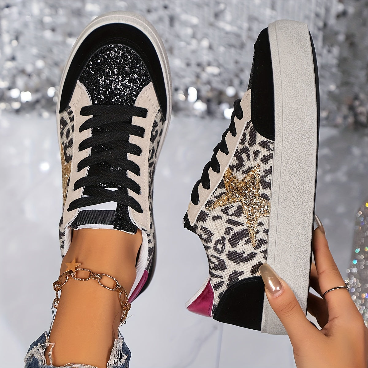 Sneaker da donna in stile street con stella glitterata e plateau – Scarpe casual alla moda