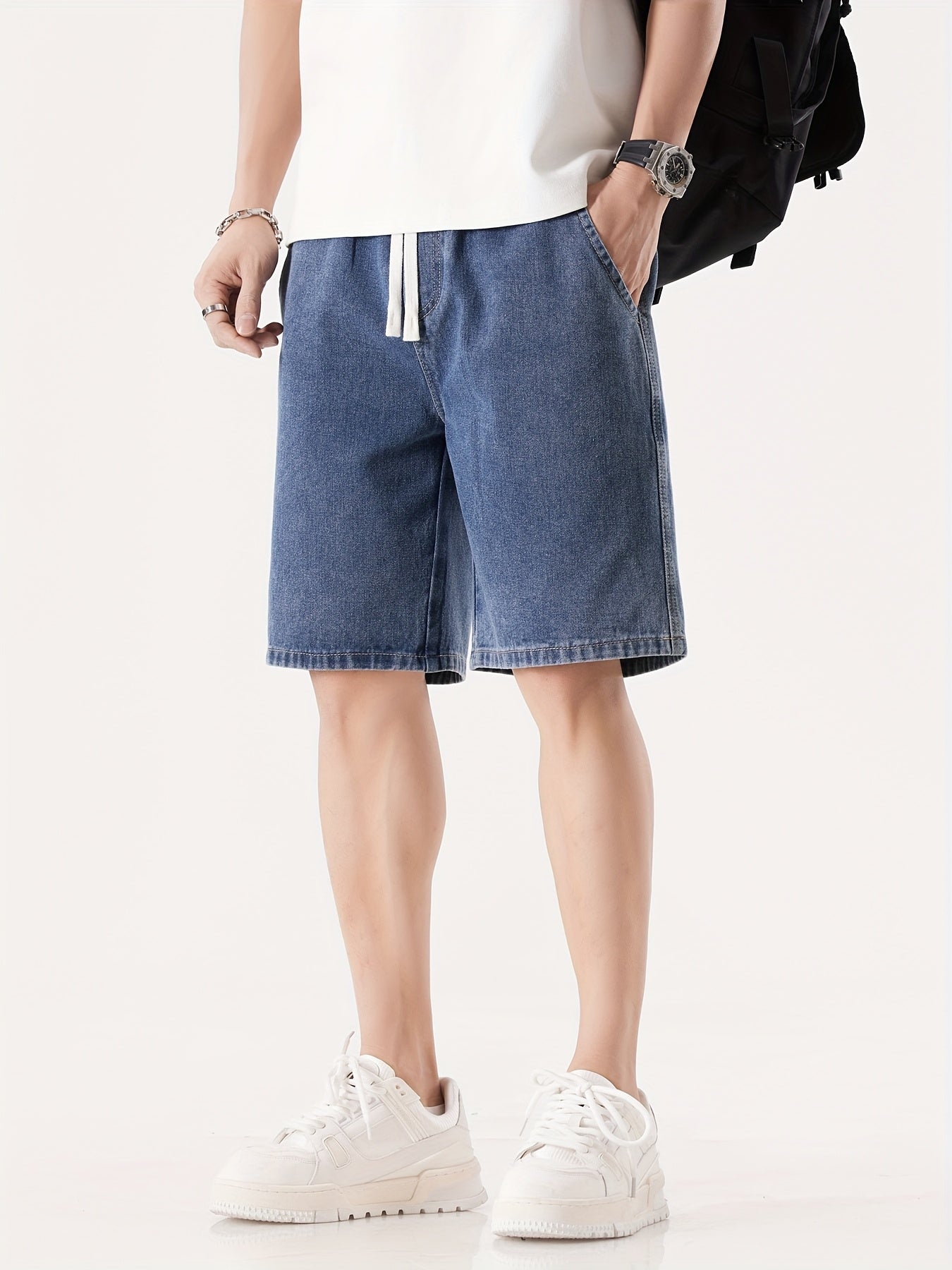 Herre Denim Shorts Løs Pasform Fritid Knæhøj