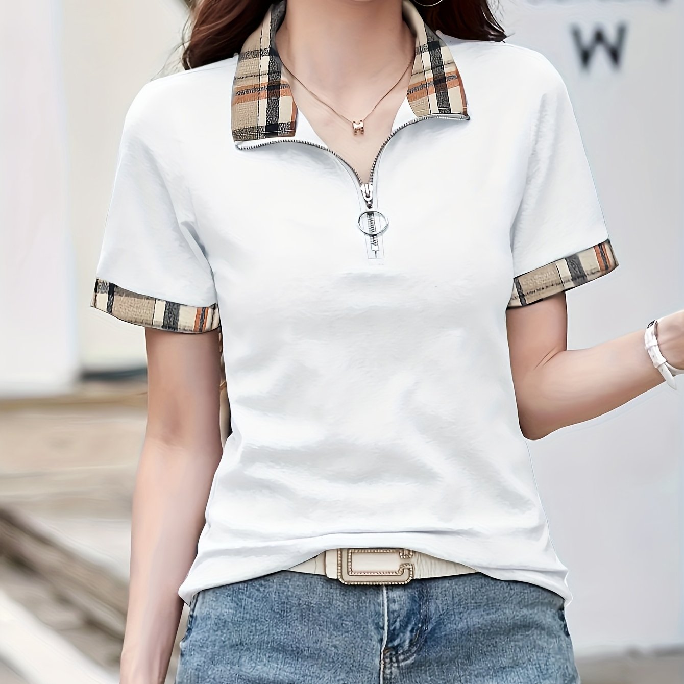 Polo casual da donna con zip e motivo a quadri – Maglia da tempo libero alla moda con collo con cerniera
