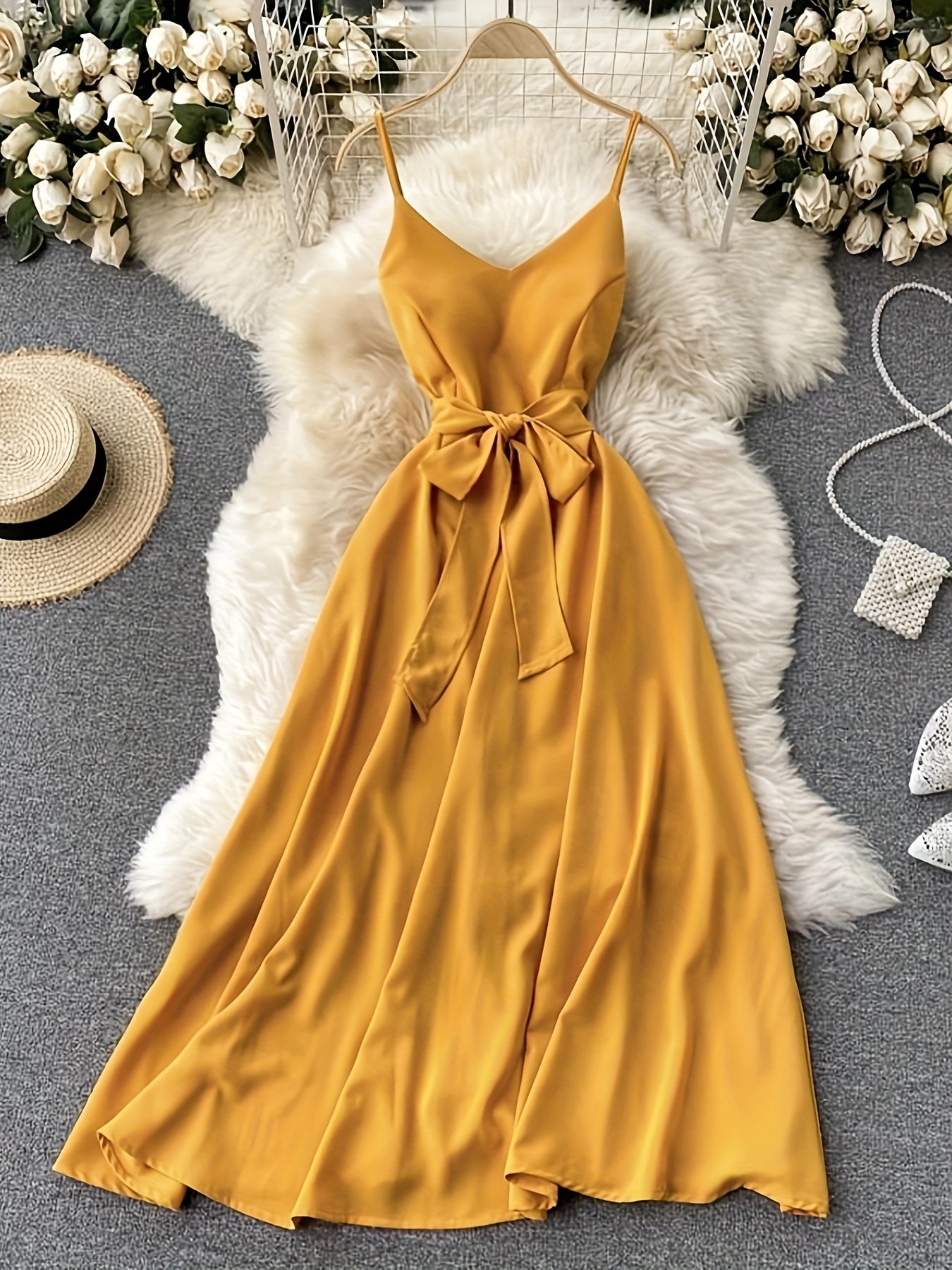 Abito lungo da donna in stile camisole con fiocco – Abito elegante per feste in giardino e serate