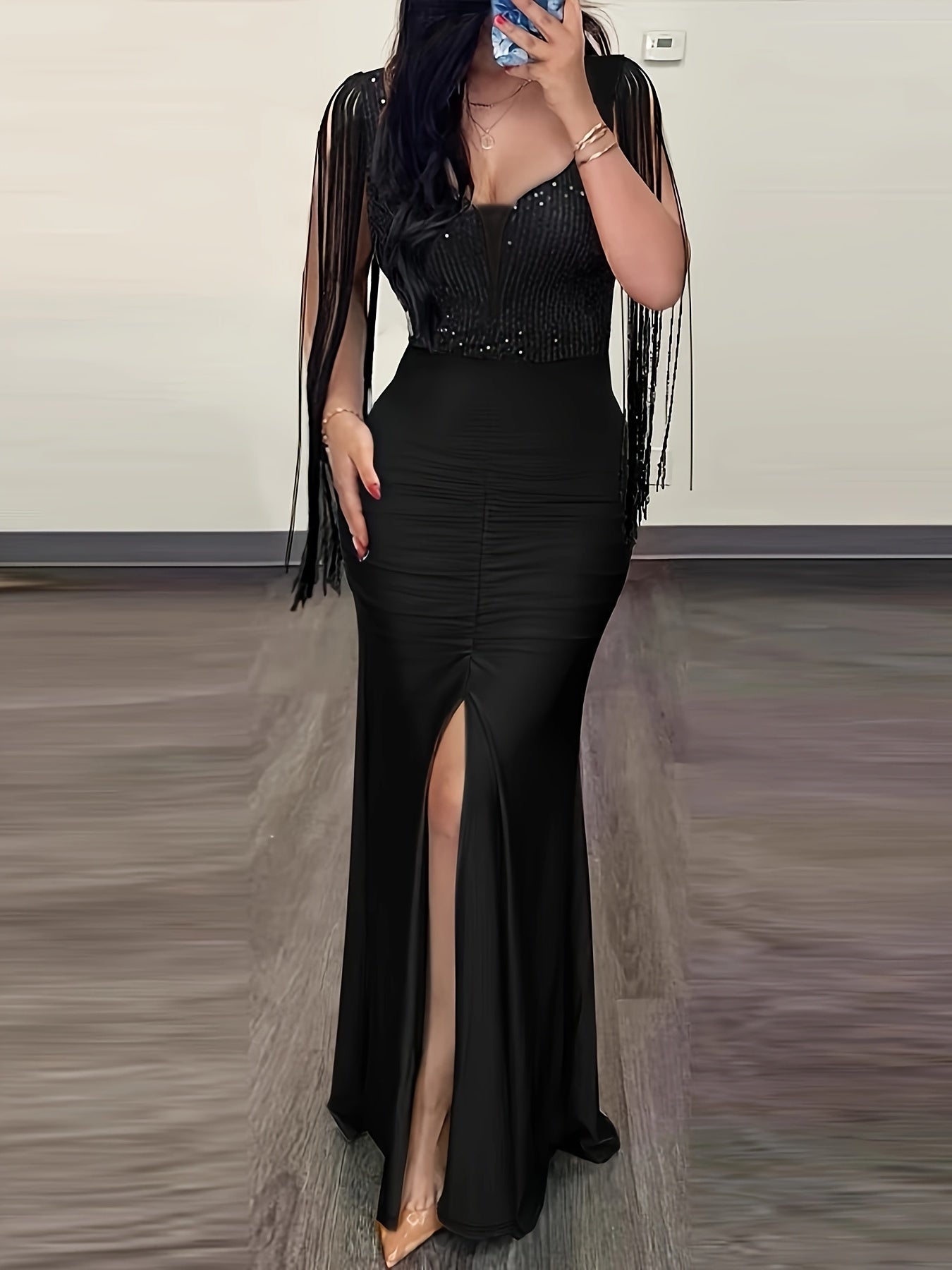 Vestido de noche elegante para mujer, ajustado, con flecos y abertura – Perfecto para ocasiones especiales