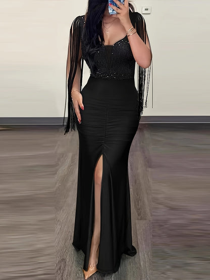 Vestido de noche elegante para mujer, ajustado, con flecos y abertura – Perfecto para ocasiones especiales
