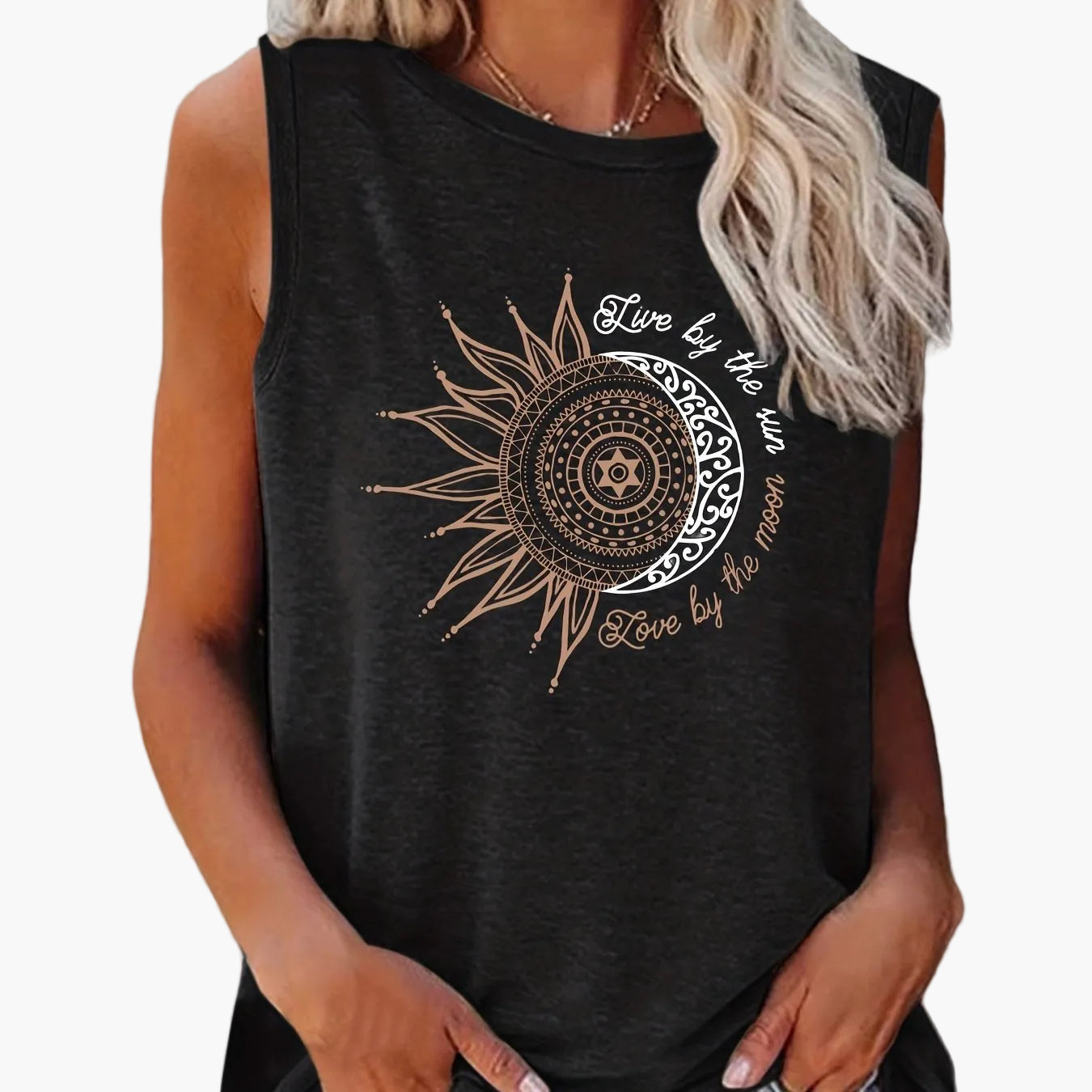 Dames tanktop met mandala zon- en maanprint – boho zomer vrijetijdsshirt