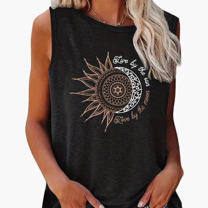 Dames tanktop met mandala zon- en maanprint – boho zomer vrijetijdsshirt