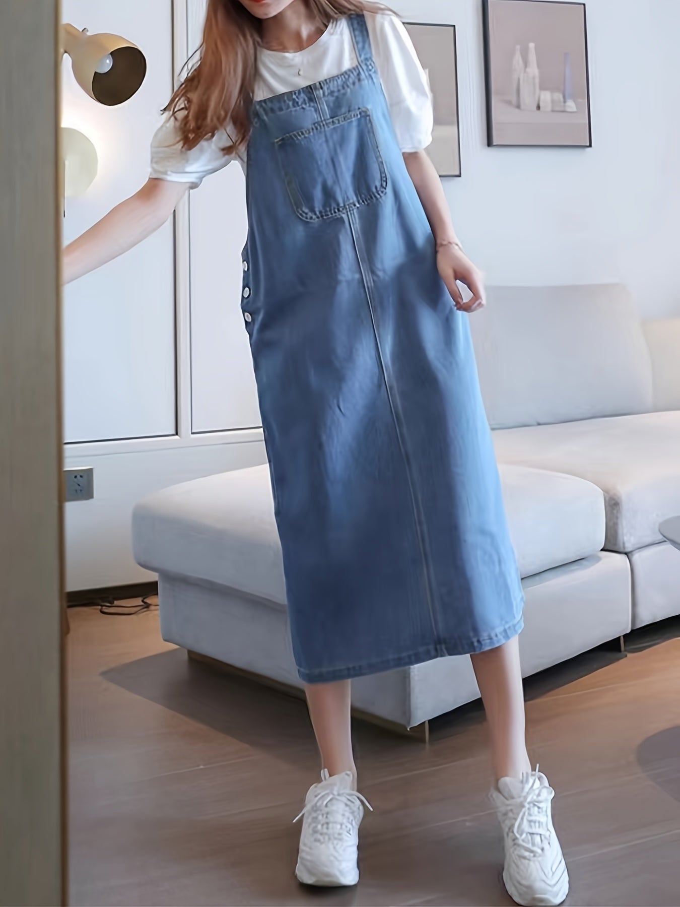 Abito jeans casual da donna con spalline e tasca frontale – Abito salopette midi per tutti i giorni e tempo libero