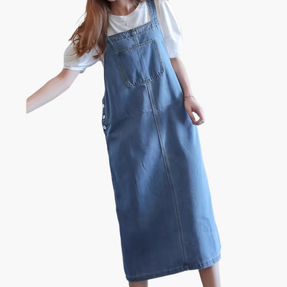Abito jeans casual da donna con spalline e tasca frontale – Abito salopette midi per tutti i giorni e tempo libero