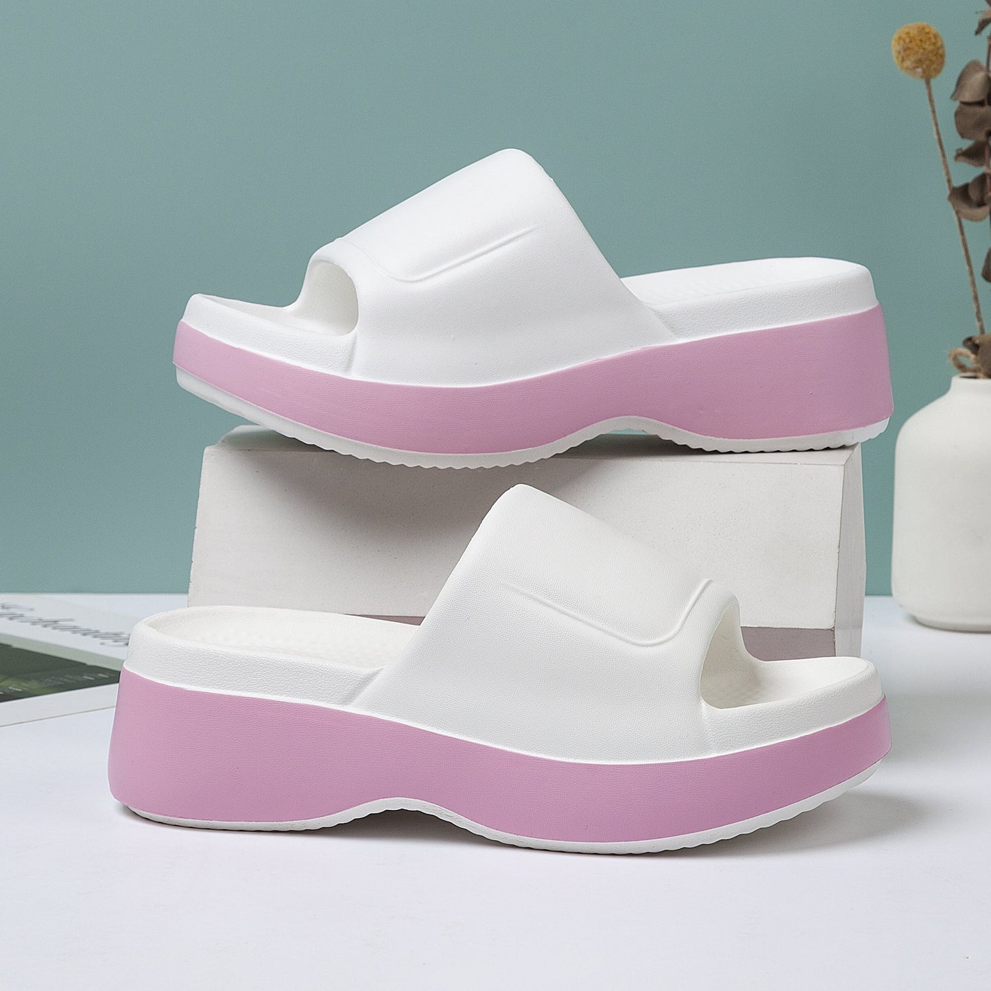 Damen Plateau-Slipper für den Sommer – Bequeme Freizeit Hausschuhe mit offenem Zehenbereich