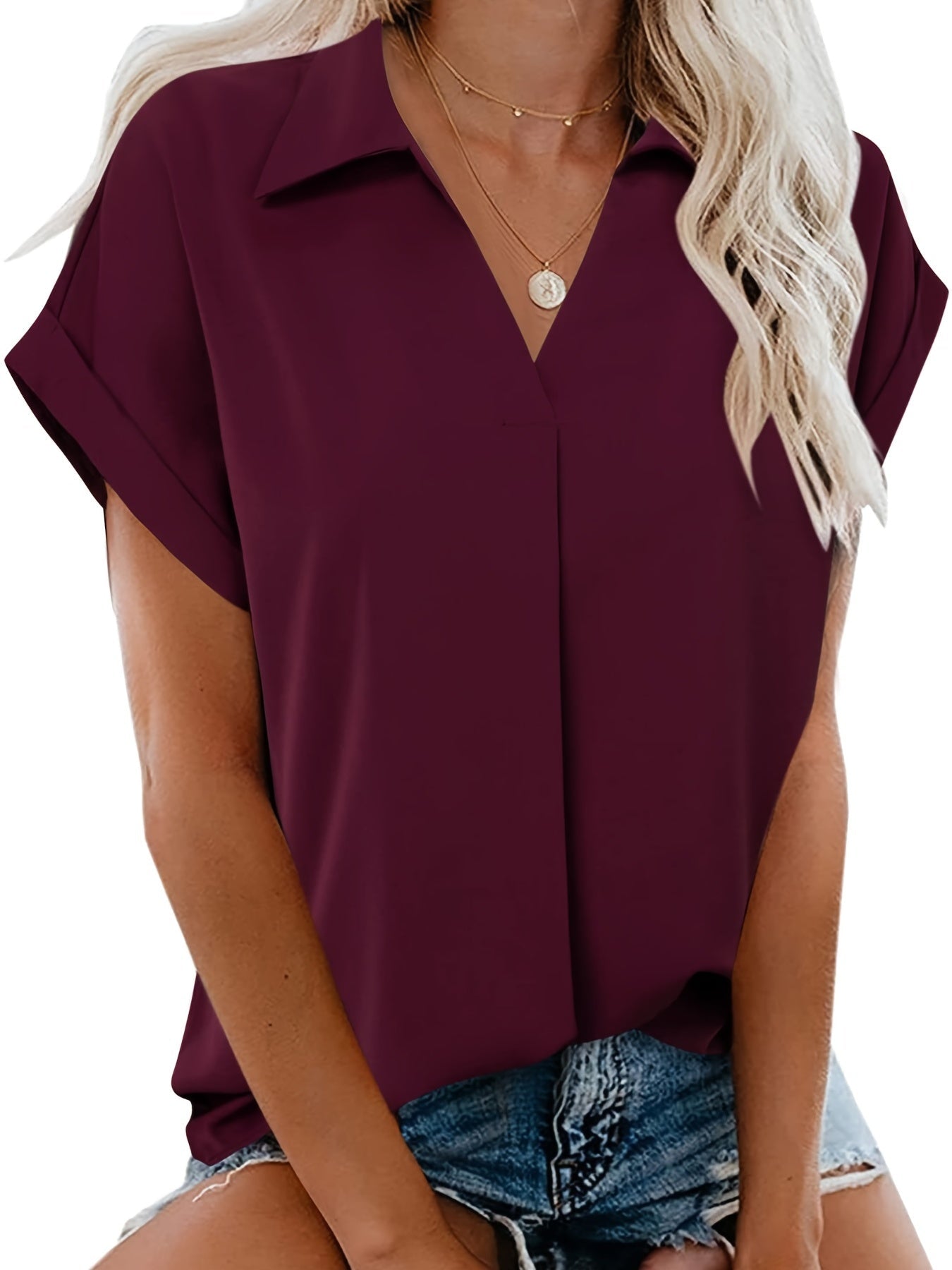 Camicia da donna con scollo a V e maniche corte – Elegante camicia casual per tutti i giorni e ufficio