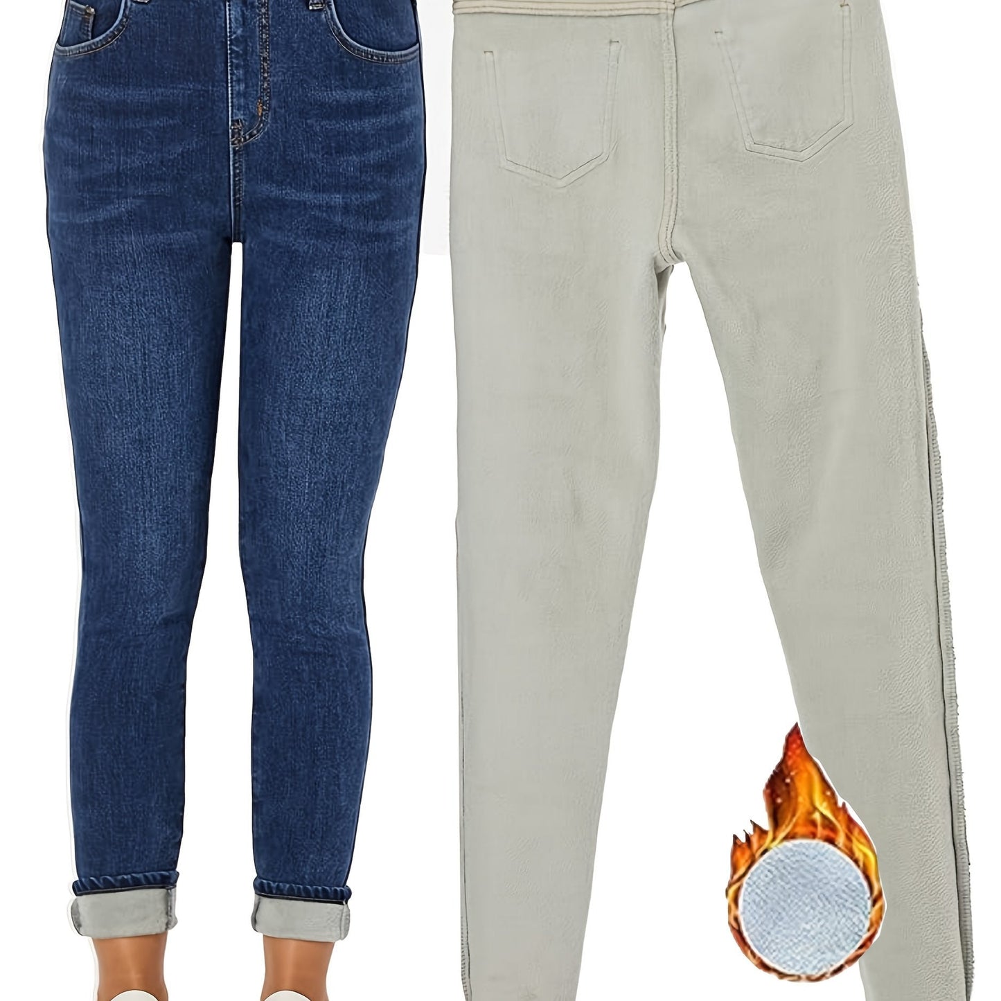 Leggings jeans da donna foderati blu con effetto pile teddy